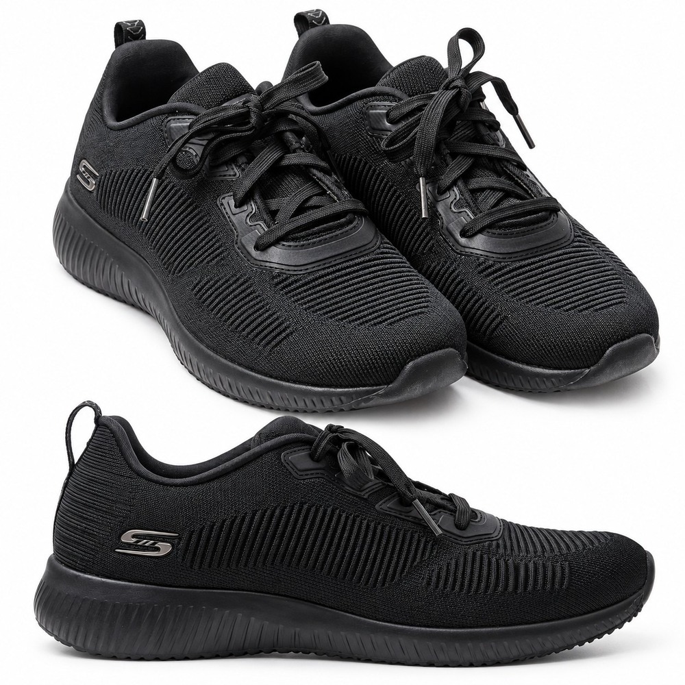 SKECHERS Bobs Squad Tough Talk Sneaker Women Sz 8.5 Triple Black Ribbed Knit GUC